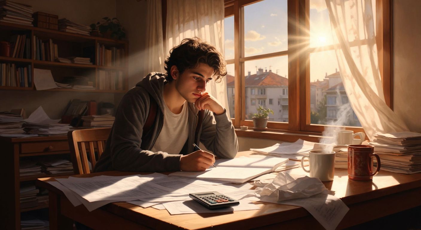 A young Turkish student sits at a wooden desk, surrounded by scattered papers and a calculator, looking thoughtfully at a blank sheet while sunlight streams through a window onto a steaming cup of çay.