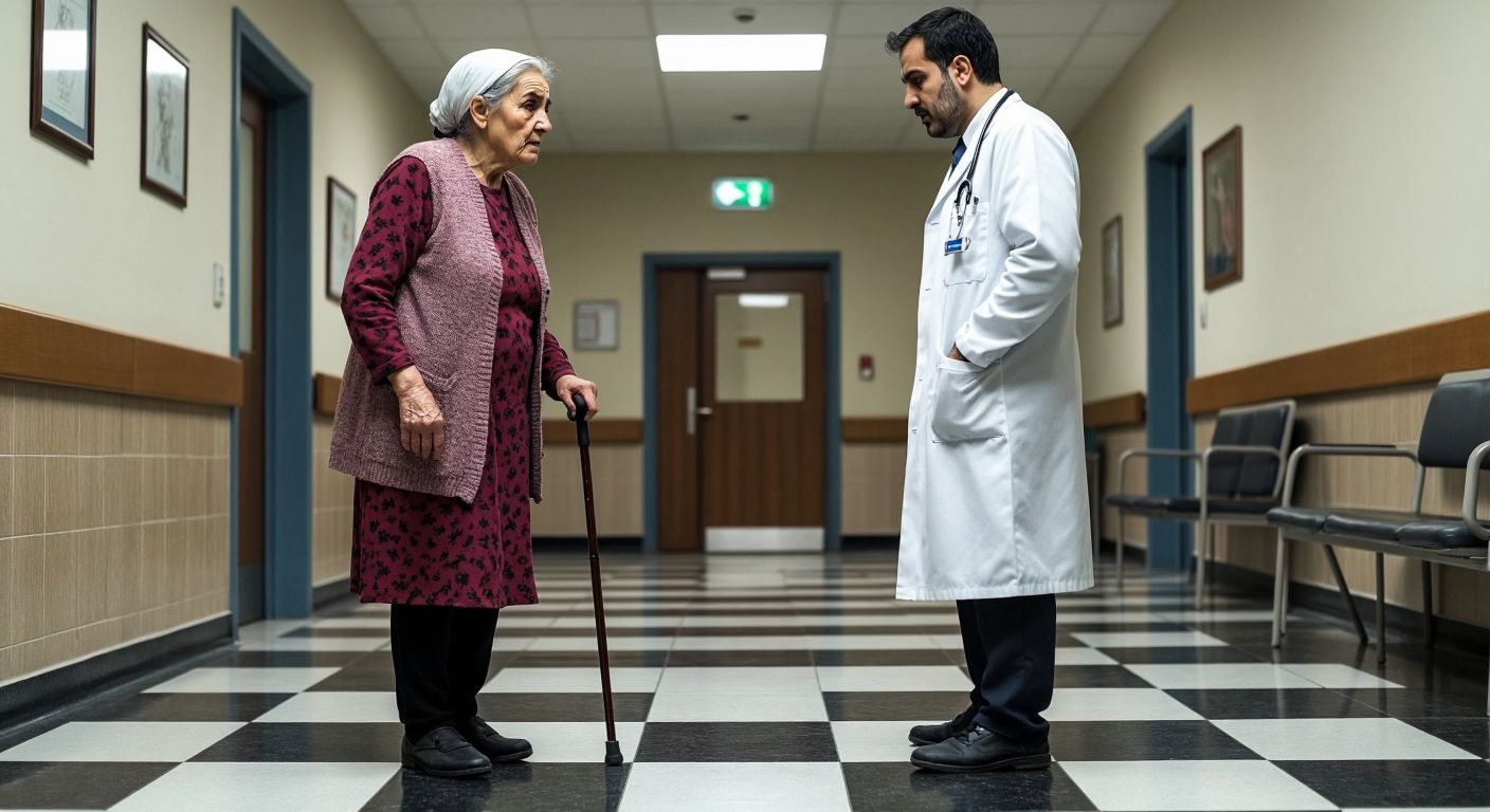 An elderly Turkish woman with a walking cane stands cautiously on a checkered hospital floor while a doctor in a white coat observes her balance, symbolizing a falls risk assessment.