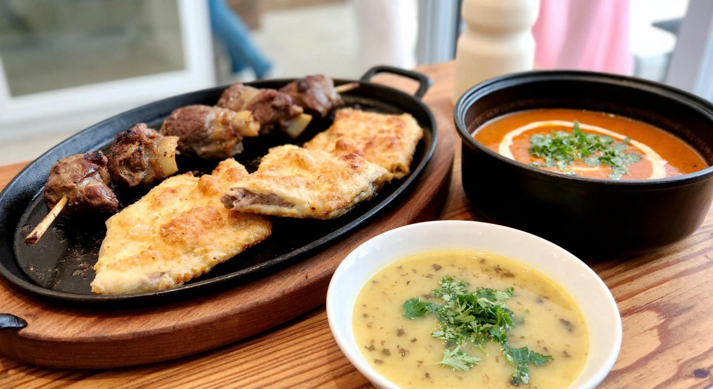A rustic wooden table in a cozy Malatya kitchen holds a sizzling plate of *incik* kebab with tender meat and golden crust, while a steaming bowl of creamy *cincik* soup from Southeastern Anatolia sits beside it, garnished with fresh herbs.