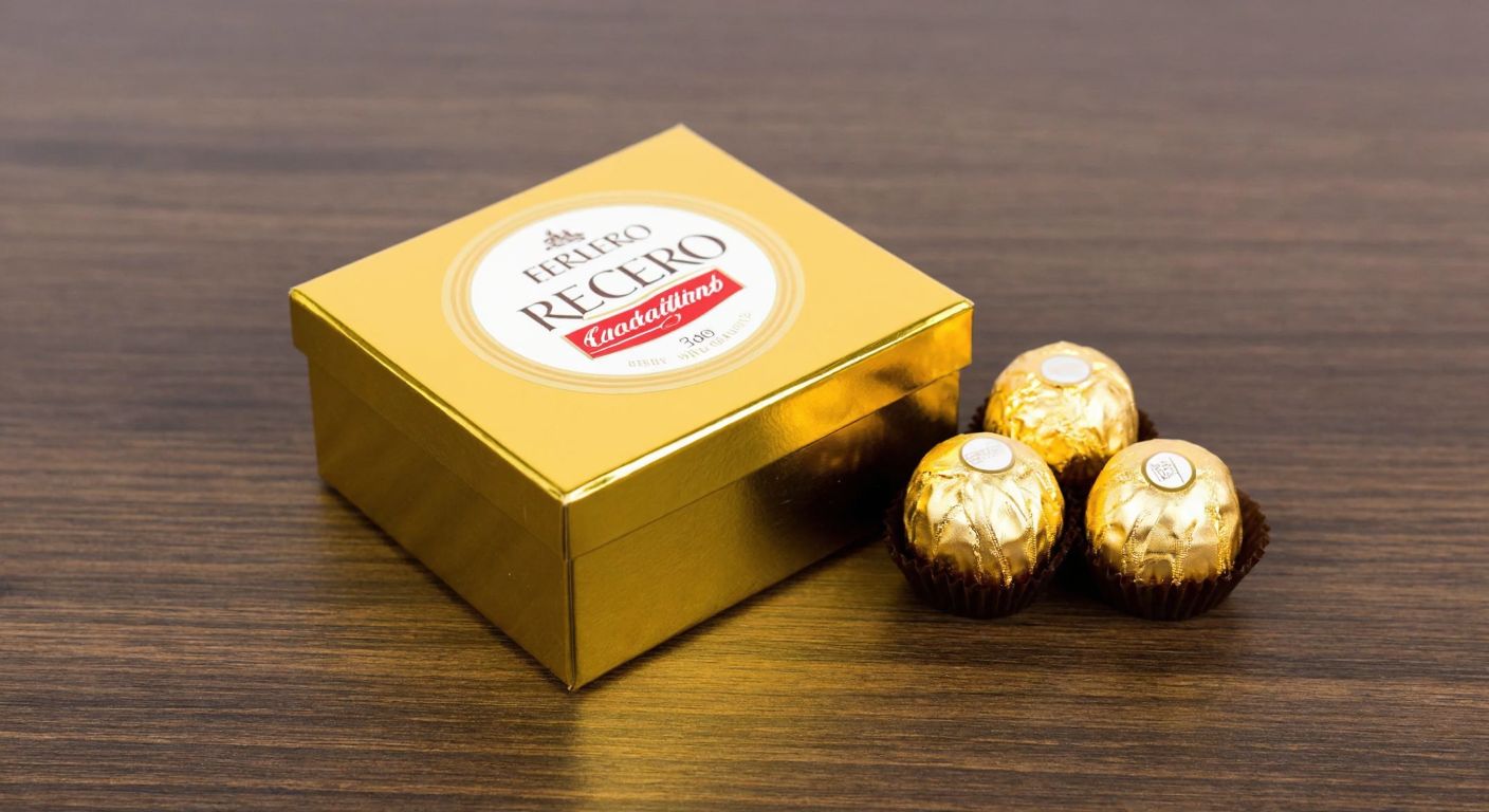 A small, elegant golden box of Ferrero Rocher chocolates placed on a wooden table, with three shiny, hazelnut-filled chocolates neatly arranged beside it.