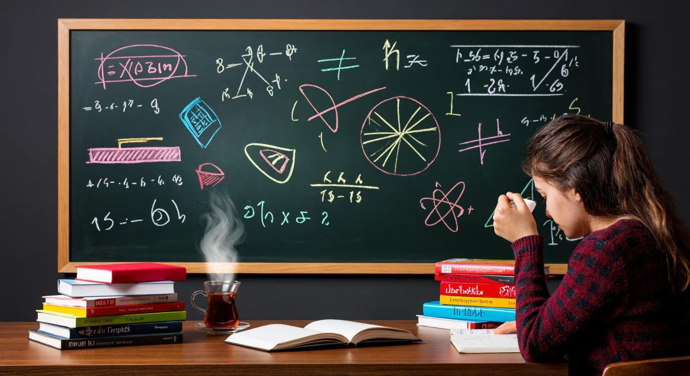 A chalkboard covered with colorful algebraic equations and geometric shapes, surrounded by stacks of Turkish textbooks and a steaming cup of çay, with a focused student writing in a notebook nearby.