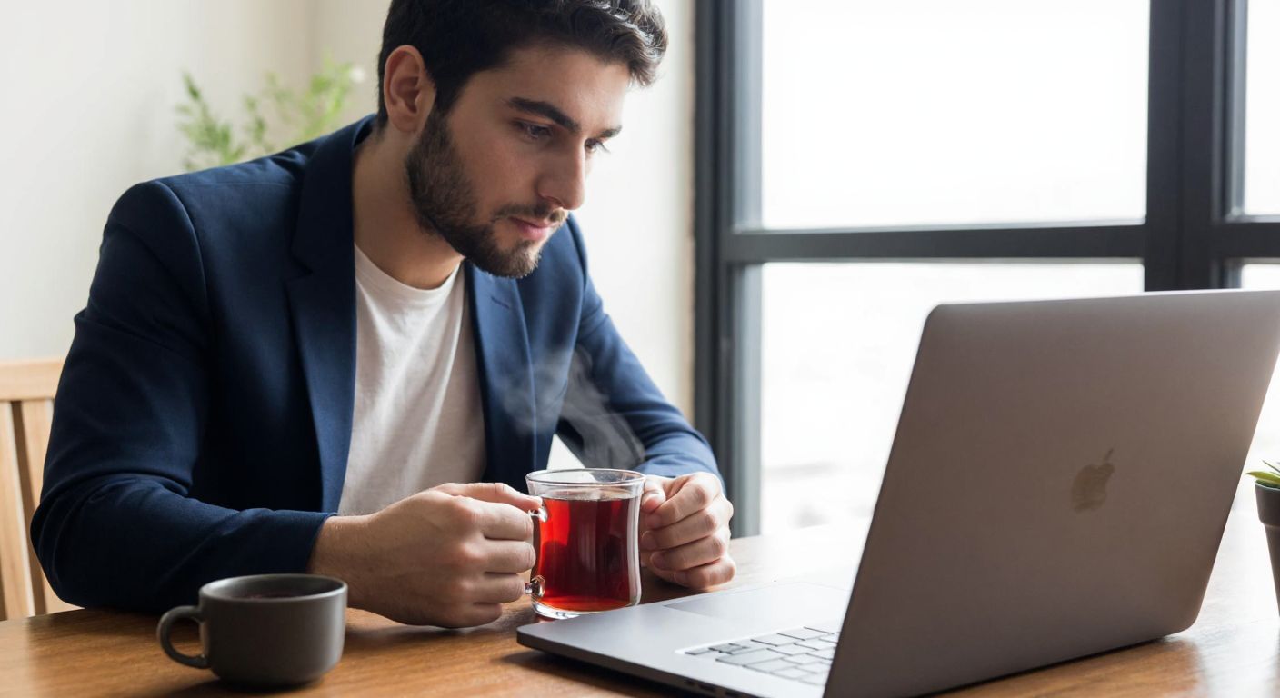 A young professional in Turkey sits at a wooden desk with a laptop, carefully reviewing a job listing on Indeed while holding a steaming cup of Turkish tea, with a focused and cautious expression.