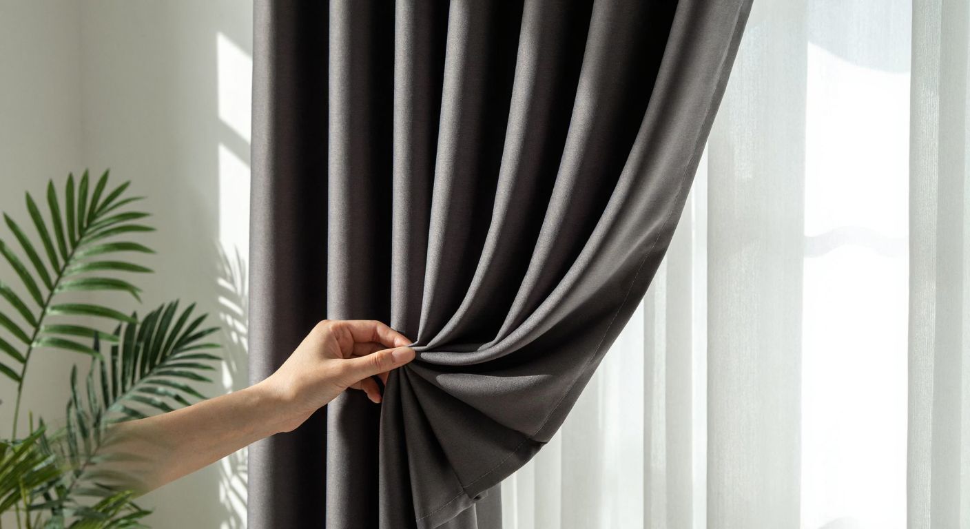 A neatly folded, dark-colored blackout curtain with smooth stitching hangs in a sunlit Turkish living room, partially blocking sunlight while a hand gently tests its fabric quality.