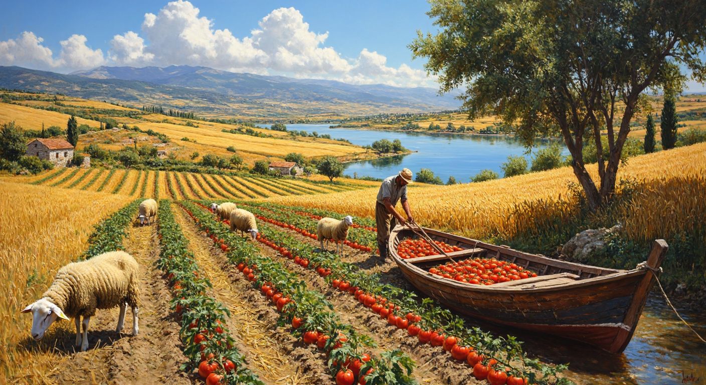 A sunlit Turkish countryside scene with golden wheat fields stretching to the horizon, a farmer tending to rows of ripe tomatoes, a small herd of sheep grazing nearby, and a traditional wooden fishing boat resting by a tranquil lake.