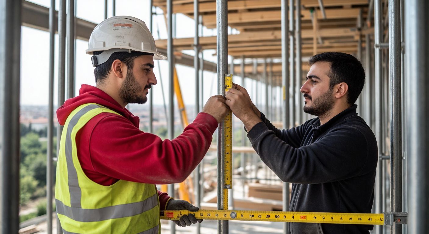A Turkish engineer in a hard hat measures a worker's arm length with a tape measure in a construction site, while another worker adjusts a scaffold to fit human proportions, both focused and collaborative.