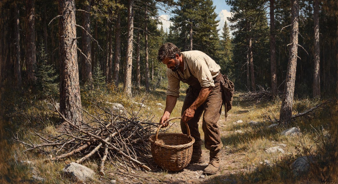 A rugged man in a forest clearing under a sunny sky gathers dry, fallen branches near the base of tall pine trees, his sleeves rolled up and a woven basket at his feet.