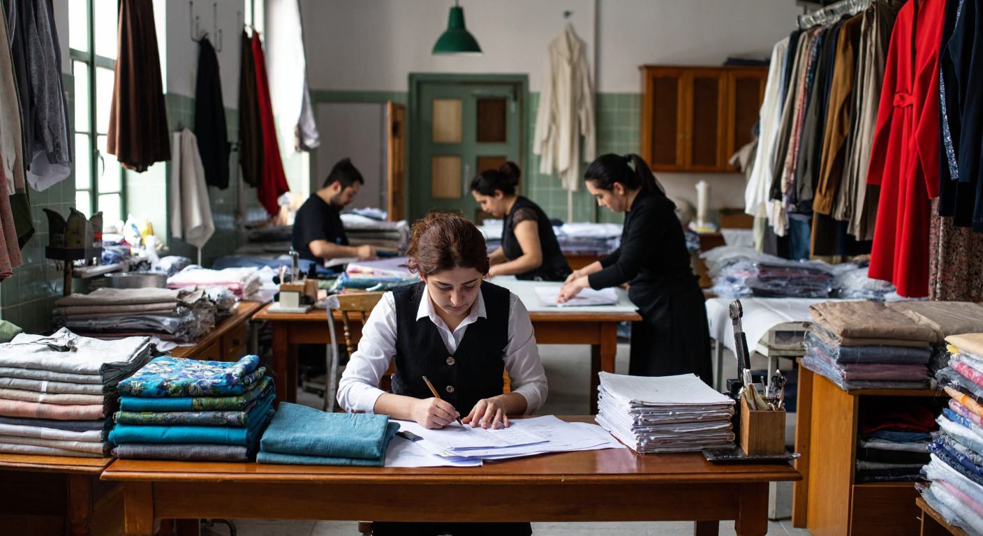 A Turkish textile workshop with workers sewing garments, bolts of fabric stacked nearby, and a focused accountant reviewing documents at a wooden desk.