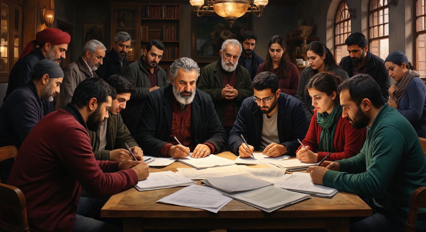 A diverse group of Turkish people of varying ages and backgrounds sitting around a table, thoughtfully filling out survey forms while a researcher in the center observes with a clipboard.