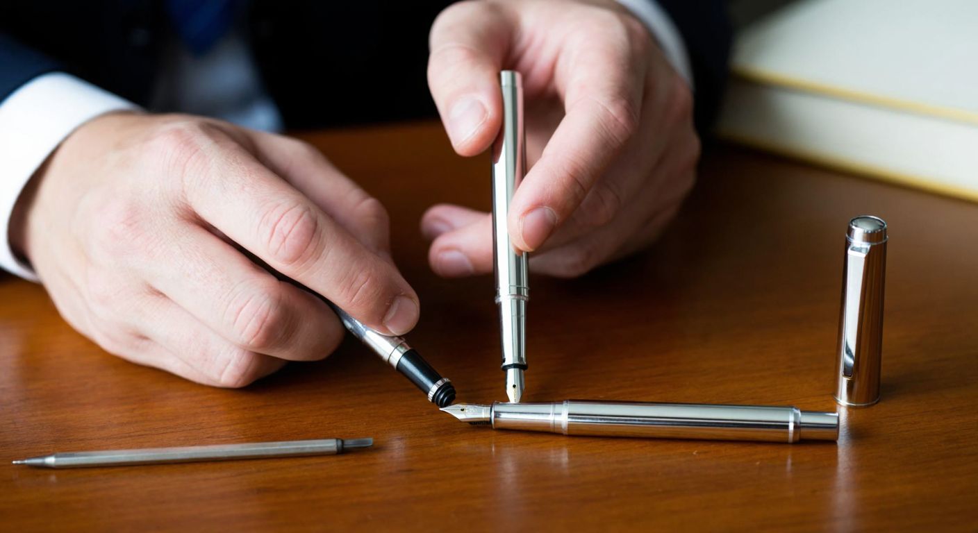 A close-up of a well-dressed person’s hands carefully inserting a slender black ink refill into a polished silver pen barrel, with a disassembled pen cap and old refil resting on a wooden desk beside a small screwdriver.