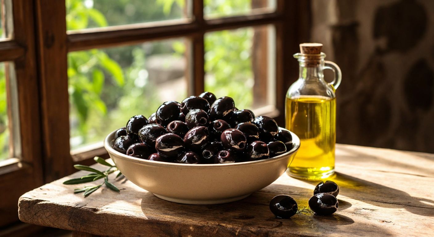 A bowl of glossy black olives resting on a rustic wooden table in a sunlit Turkish kitchen, with a small bottle of golden olive oil beside it, evoking health and moderation.