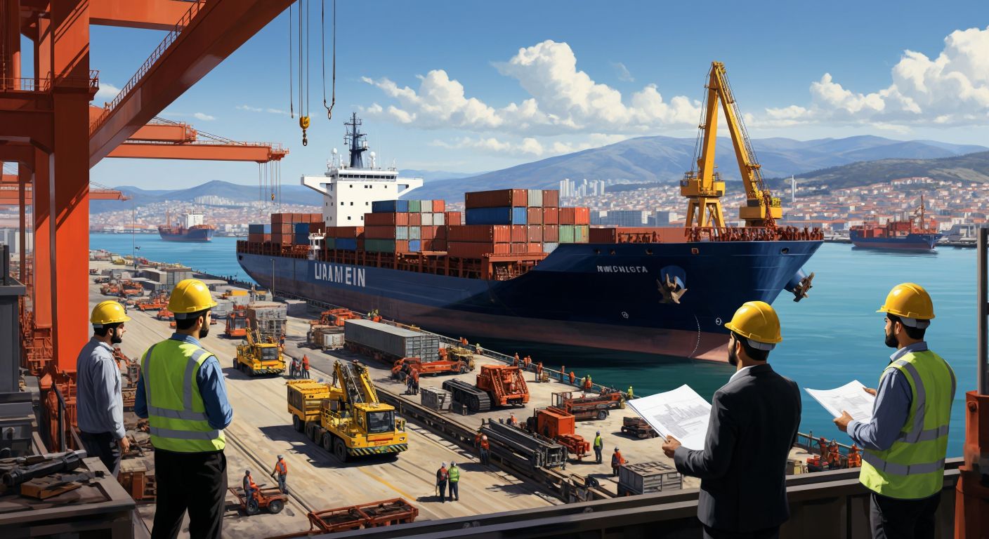 A bustling Turkish industrial port with cargo ships unloading steel beams, workers in hard hats assembling machinery, and a modern office building with executives discussing blueprints against a backdrop of construction cranes.