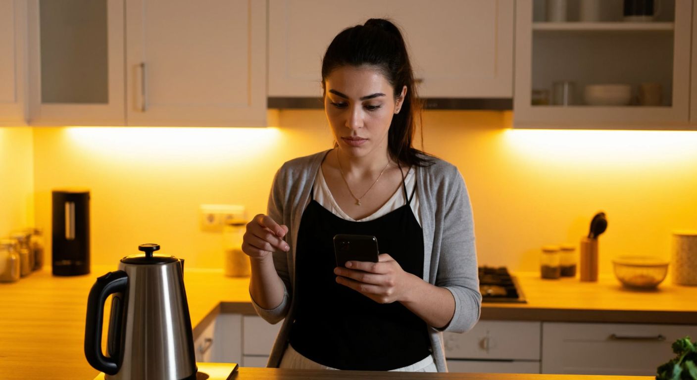 A focused Turkish woman in a modern kitchen holds a malfunctioning Sinbo appliance while looking at her smartphone screen with determination, surrounded by warm yellow lighting and a neatly organized countertop.