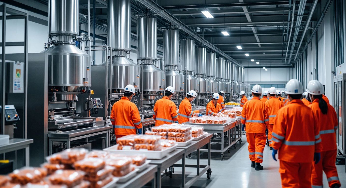 A modern factory with stainless steel machinery producing packaged food, juxtaposed with a team of volunteers in orange uniforms conducting a rescue operation in a disaster-struck natural landscape.
