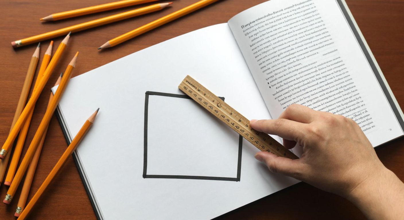 A hand holding a wooden ruler over a sheet of paper with a half-drawn square, surrounded by scattered pencils and an open dictionary with Turkish text visible but illegible.