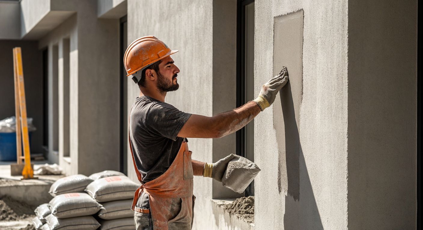 A Turkish construction worker in a hard hat and dusty overalls carefully applies a smooth layer of gray cement plaster to the exterior wall of a sunlit building, with bags of Portland cement and piles of sand nearby.