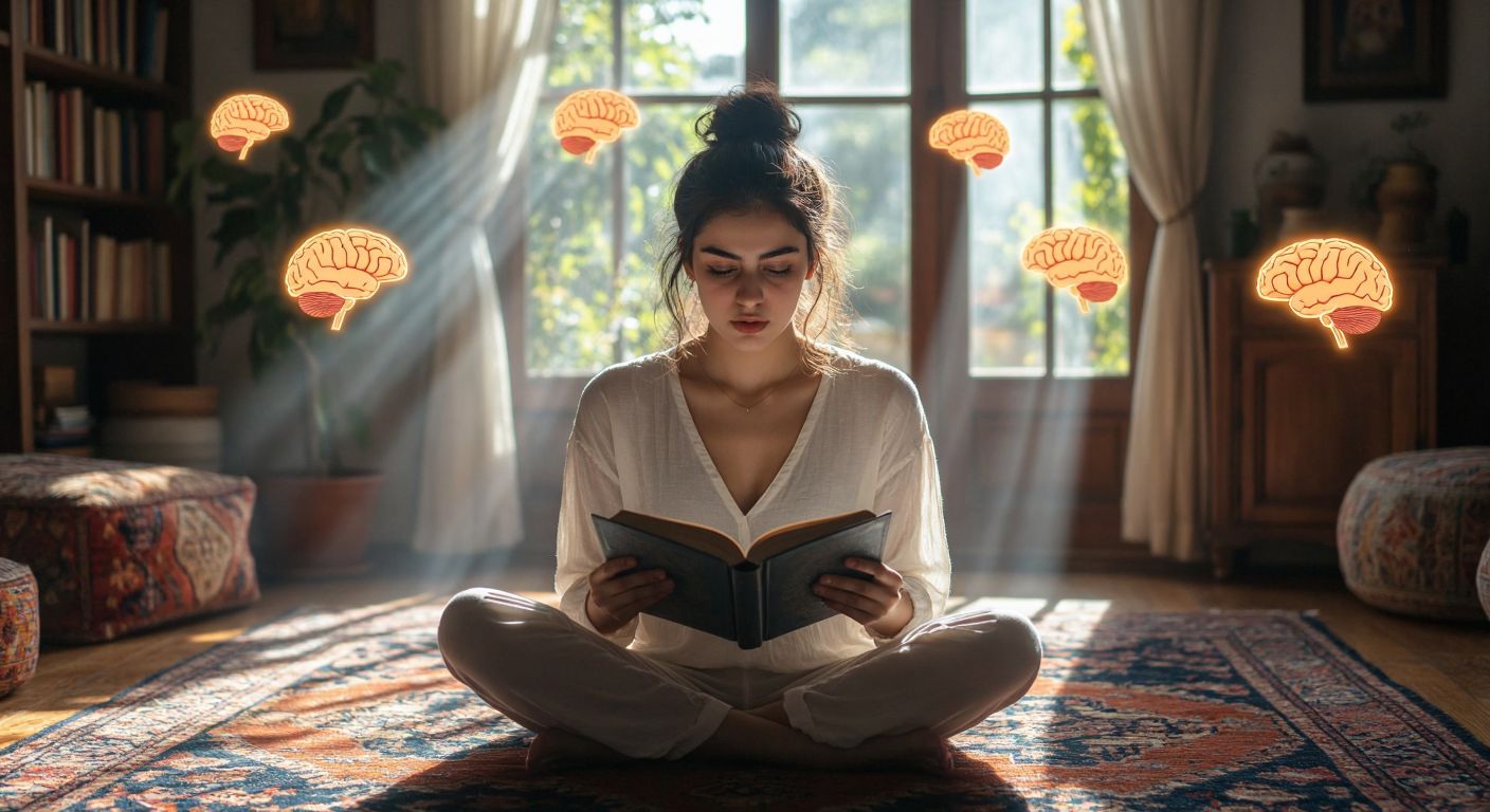 A young Turkish woman with focused eyes sits cross-legged on a patterned rug in a sunlit room, holding an open book while reading aloud, her lips slightly parted and hands gesturing expressively, surrounded by floating, glowing brain-shaped lights symbolizing mental activation.