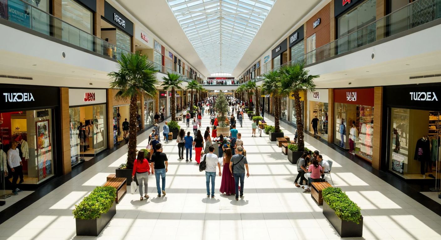 A bustling shopping mall in Adana with a wide, sunlit atrium, filled with diverse shoppers browsing through rows of vibrant storefronts, surrounded by potted palms and modern Turkish architectural details.