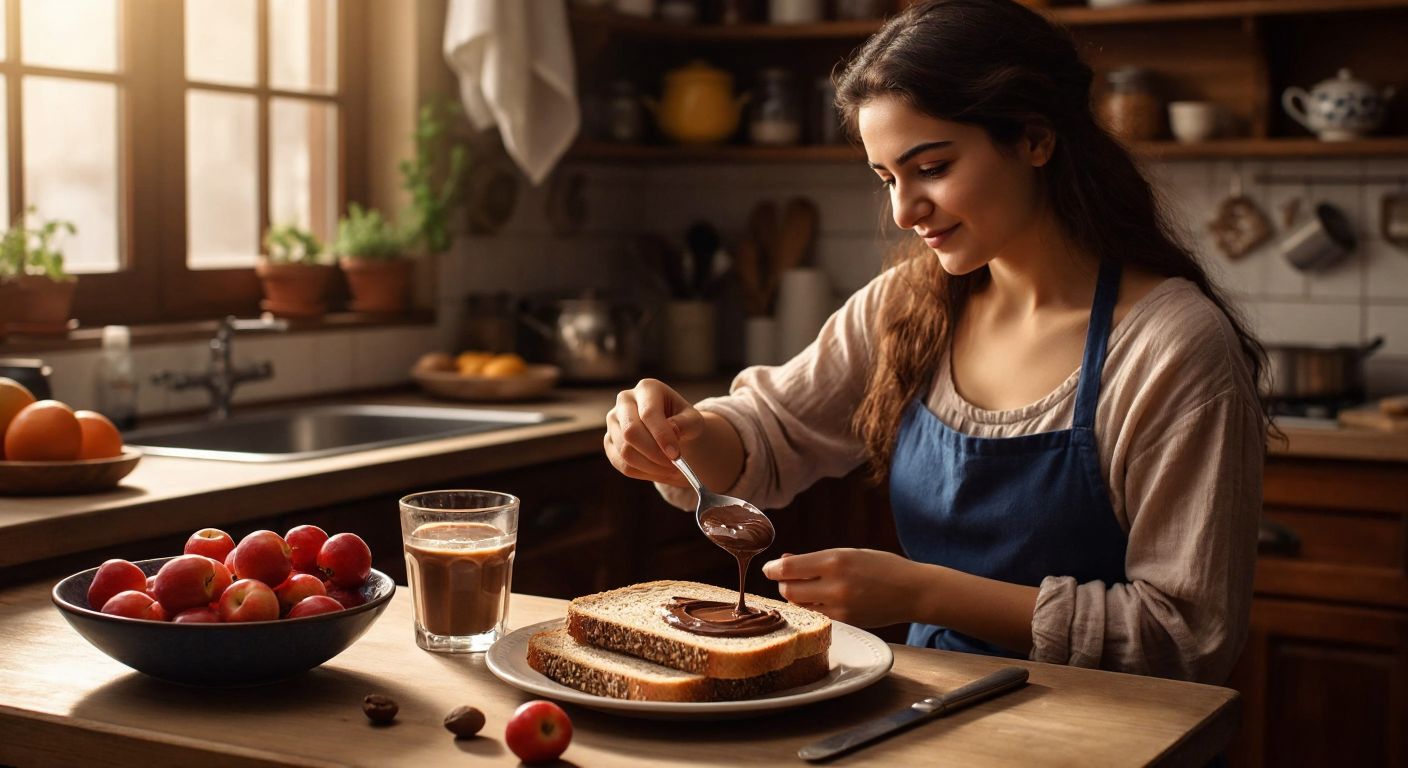 A Turkish woman in a cozy kitchen carefully spreads a small spoonful of Nutella on a slice of whole-grain bread, with a bowl of fresh fruit and a glass of water nearby, reflecting balanced indulgence.