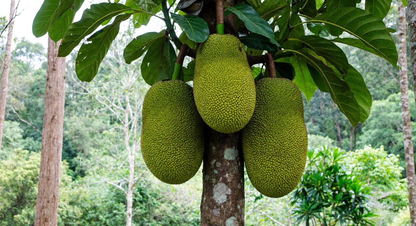 A towering **Artocarpus heterophyllus** tree with massive, spiky green **jackfruits** hanging from its branches, set against a lush tropical forest backdrop.