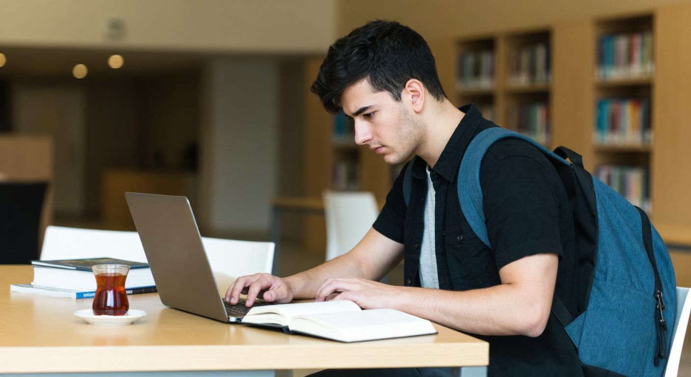 A young student in a modern university library in Kayseri, wearing a casual outfit and a backpack, intently typing on a laptop with a focused expression, surrounded by books and a warm cup of Turkish tea on the table.