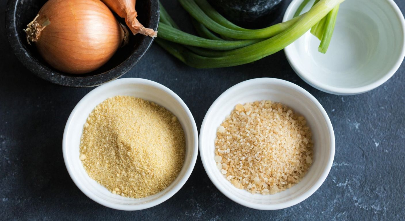 A rustic Turkish kitchen counter displays two small bowls side by side—one filled with fine, golden-brown onion powder and the other with coarser, unevenly textured onion granules, with a fresh onion and a mortar-pestle nearby.