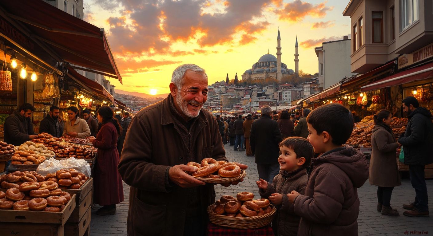 A warm Turkish sunset over a bustling bazaar, where a smiling elderly man shares fresh simit with a child while others converse joyfully, embodying happiness beyond material wealth.