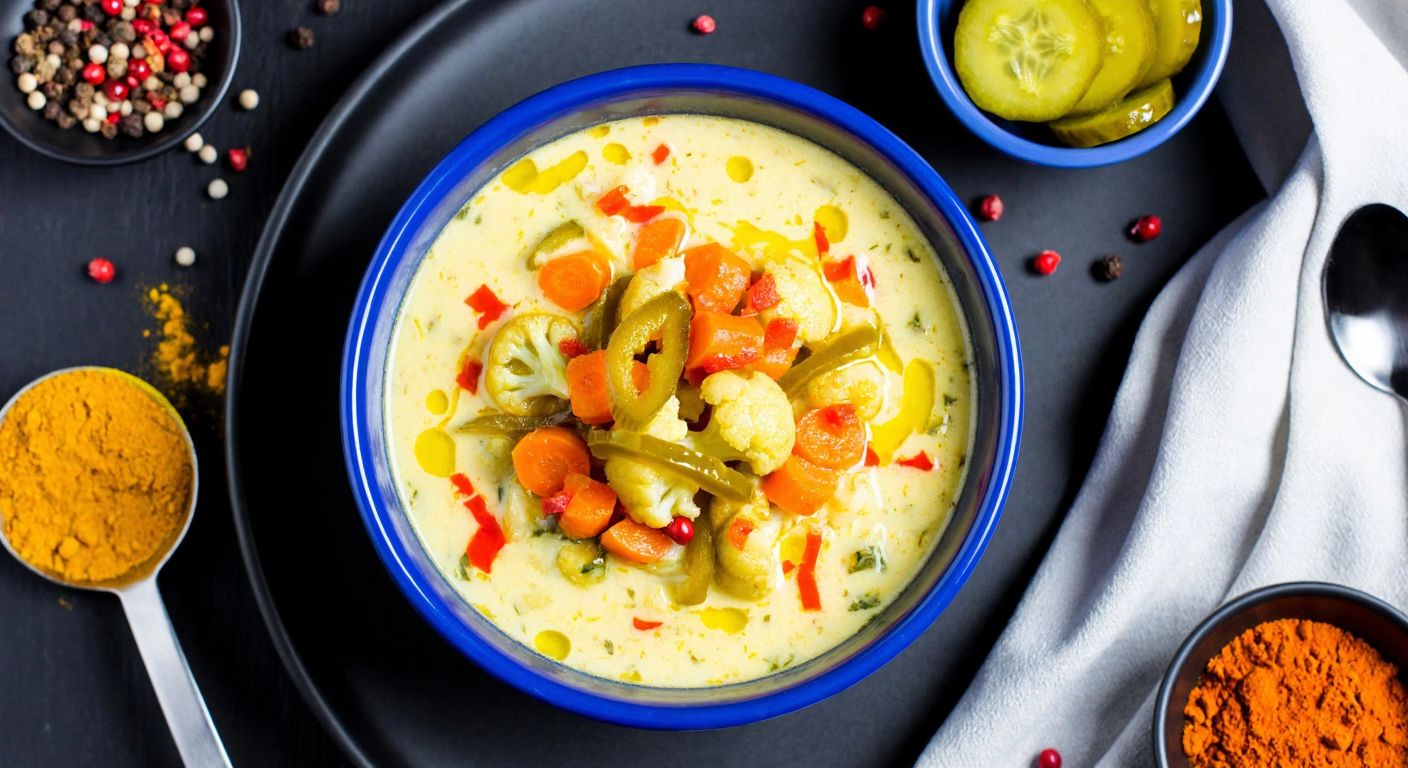 A vibrant bowl of creamy Bikla sauce with visible chunks of carrot, cauliflower, and pickled cucumber, surrounded by scattered spices like turmeric and curry, evoking a warm, homemade Turkish kitchen scene.