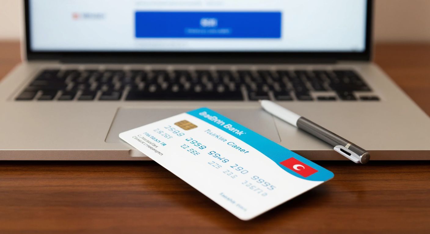 A close-up of a Turkish bank card resting on a wooden table next to a handwritten check, with a laptop displaying a bank's homepage in the background.