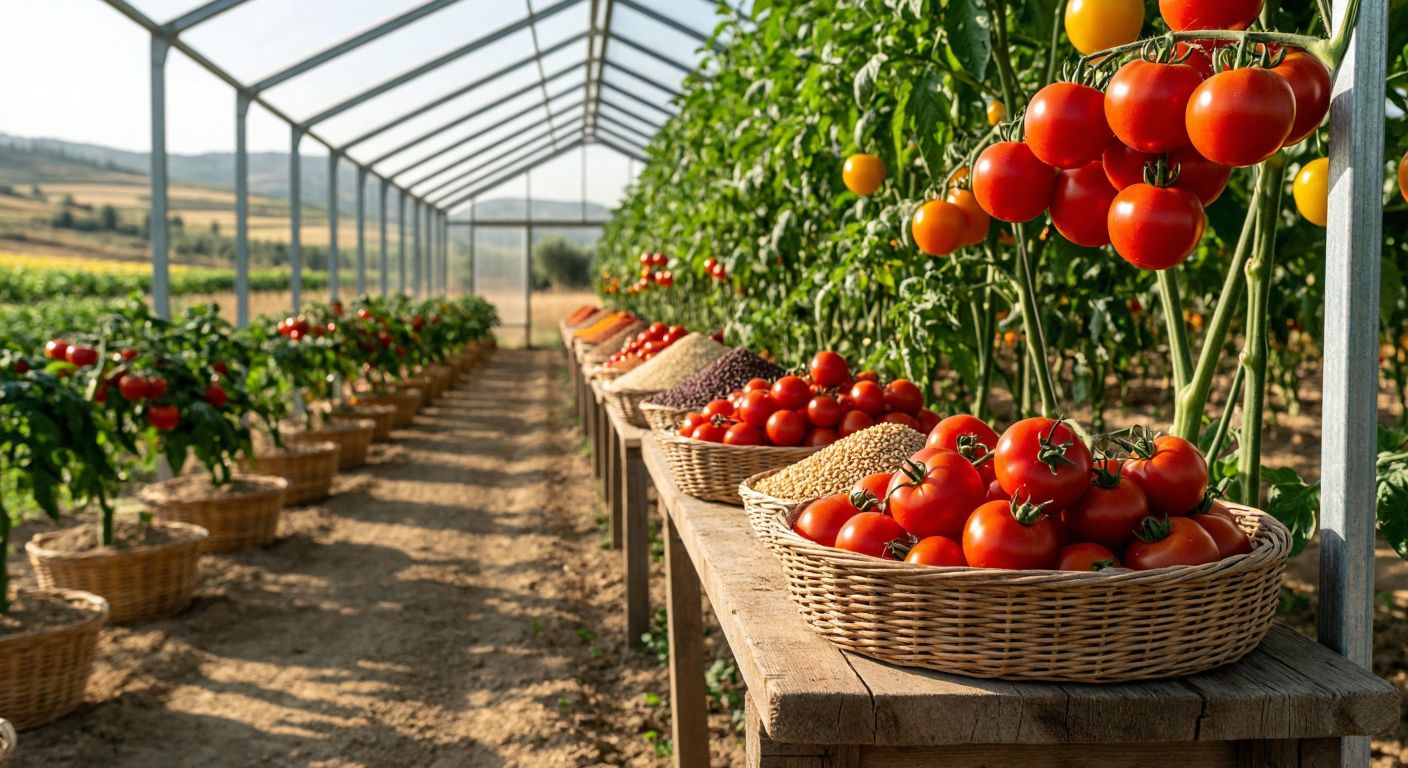 A sunlit modern greenhouse filled with rows of ripe tomatoes and peppers next to a rustic wooden table displaying bulgur, lentils, and spices in woven baskets, set against a backdrop of rolling Turkish farmland.