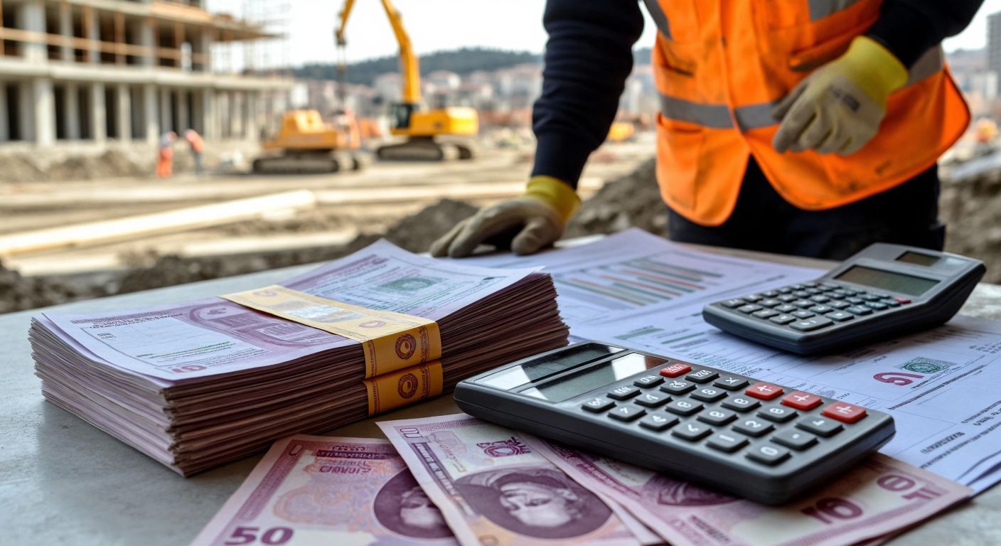 A construction site in Turkey with workers reviewing financial documents, stacks of Turkish Lira and foreign currency notes on a table, and a calculator nearby, reflecting the discussion of exchange rate differences in payment settlements.