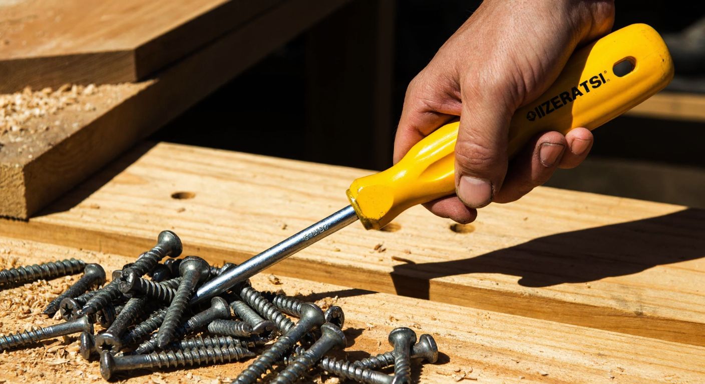 A close-up of a sturdy, well-worn **İzeltaş screwdriver** with a bright yellow handle gripped by a calloused hand, resting on a wooden workbench littered with metal screws and wood shavings in a sunlit Turkish workshop.