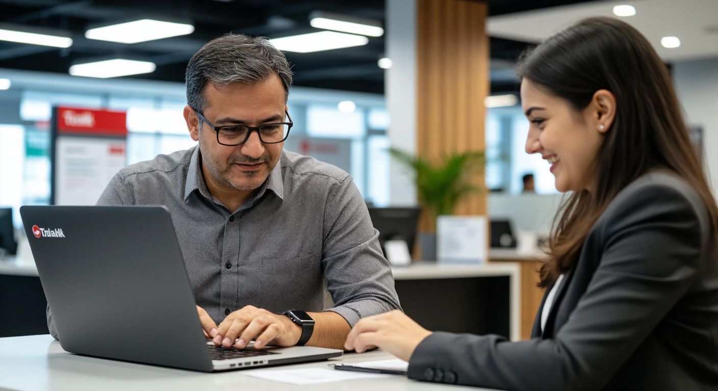 A focused middle-aged man in a modern Turkish bank branch, wearing a collared shirt, carefully typing on a sleek laptop while a friendly bank employee in a professional suit gestures toward the screen with a reassuring smile.