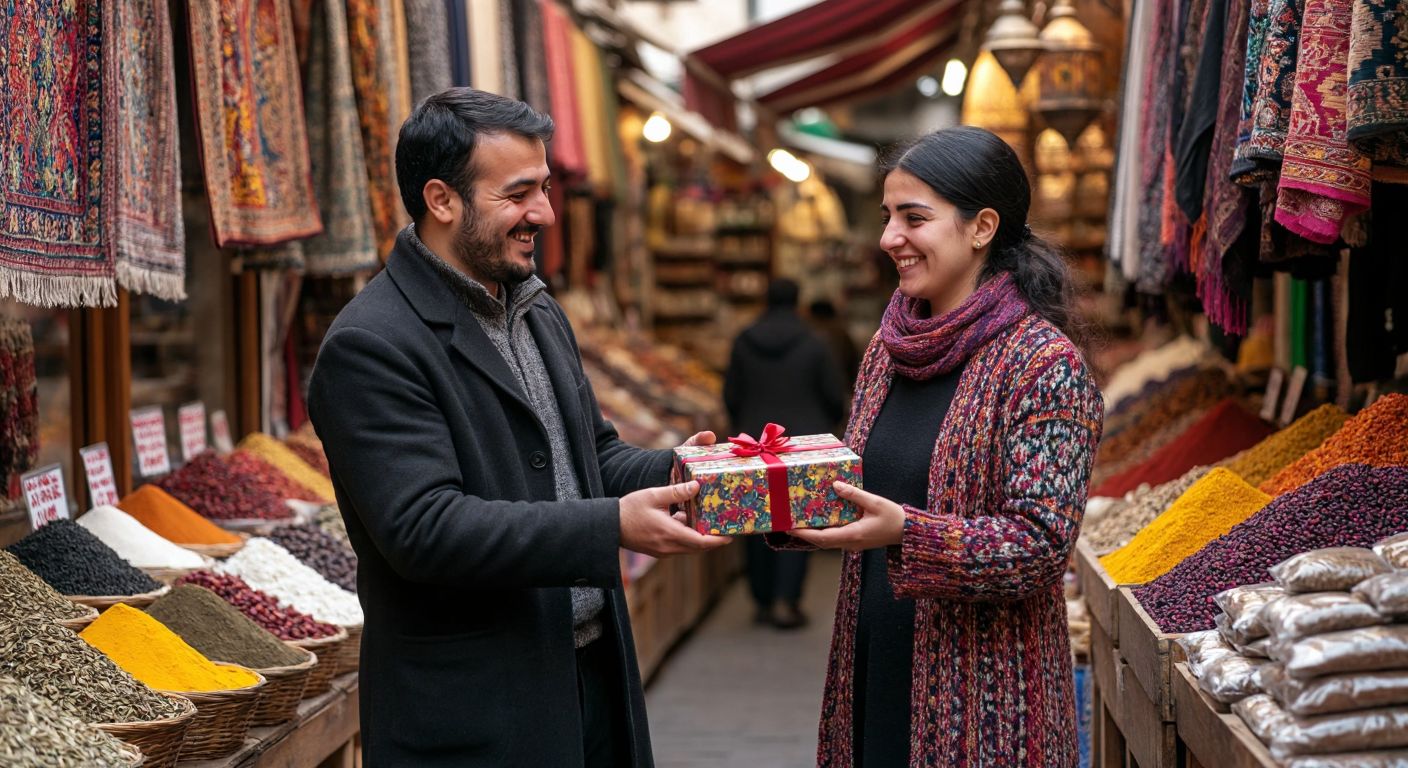 A Turkish shopkeeper warmly handing a colorful gift box to a returning customer in a bustling bazaar, surrounded by vibrant textiles and the aroma of spices, with a satisfied smile on both faces.