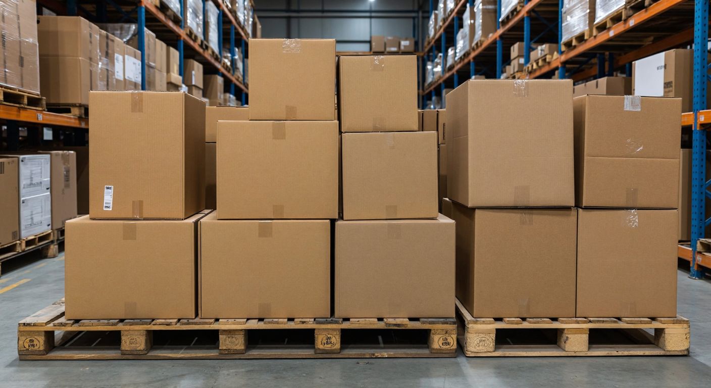 A neatly stacked pile of sturdy, uniform A-Box cardboard boxes with crisp edges next to a varied assortment of generic, slightly worn corrugated cardboard boxes on a wooden pallet in a bustling Turkish warehouse.