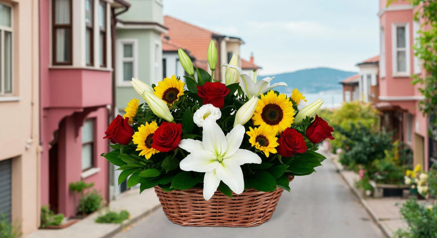 A vibrant bouquet of red roses, white lilies, and yellow sunflowers arranged in a woven basket, set against the backdrop of a quaint Yeşilköy street with pastel-colored houses and a distant glimpse of the Marmara Sea.