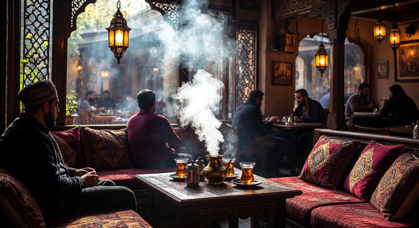A cozy, dimly lit traditional Turkish nargile café with plush cushions, brass hookahs emitting fragrant smoke, and patrons enjoying tea in small tulip-shaped glasses, all under warm lantern light.