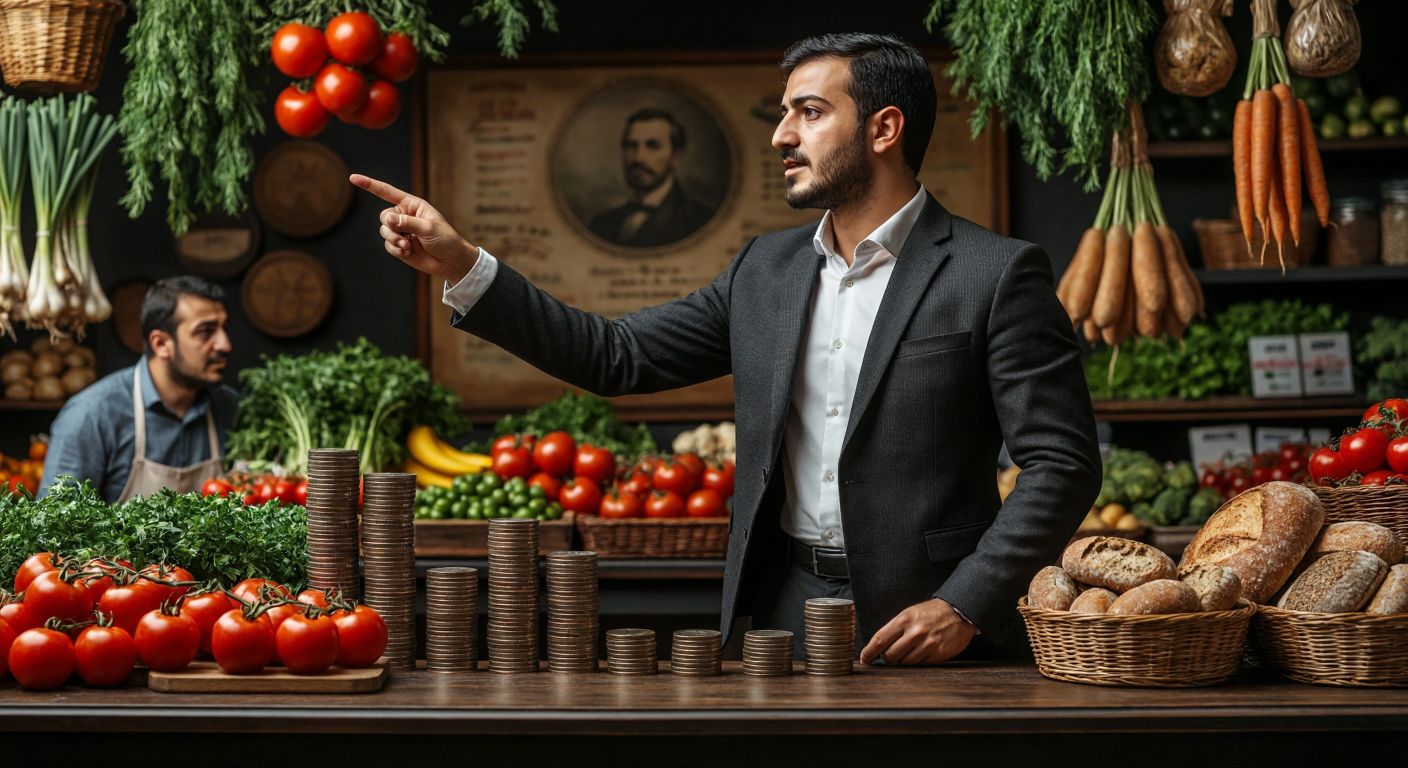 A Turkish economist in a formal suit points at a rising graph chart against a backdrop of stacked coins and market produce like tomatoes and bread, with a concerned shopper watching nearby.