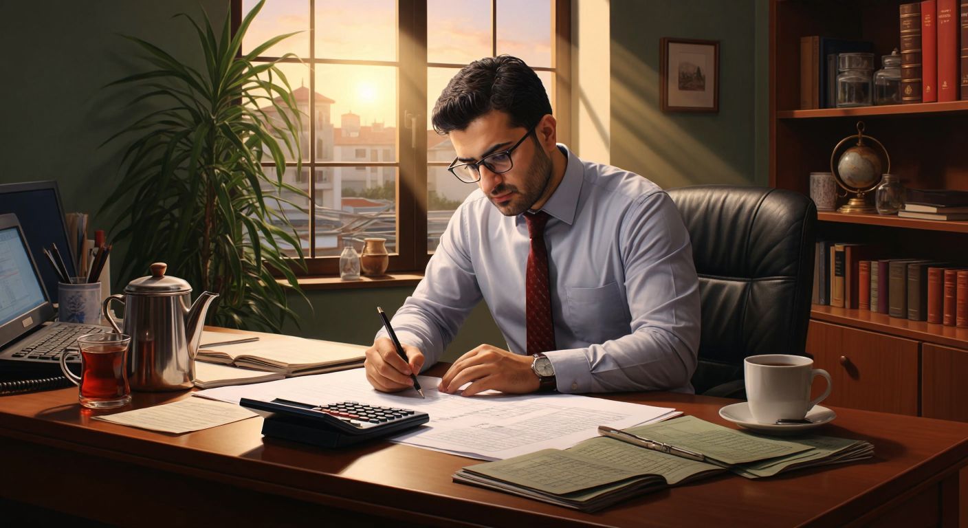 A Turkish accountant in a tidy office, wearing glasses and a button-up shirt, carefully writing calculations in a ledger with a calculator and a steaming cup of Turkish tea beside them.