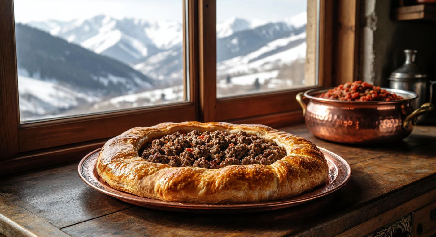 A golden, flaky pastry filled with savory minced meat, resting on a traditional copper tray in a rustic kitchen with snow-capped mountains visible through the window, evoking the warmth of Eastern Anatolia.