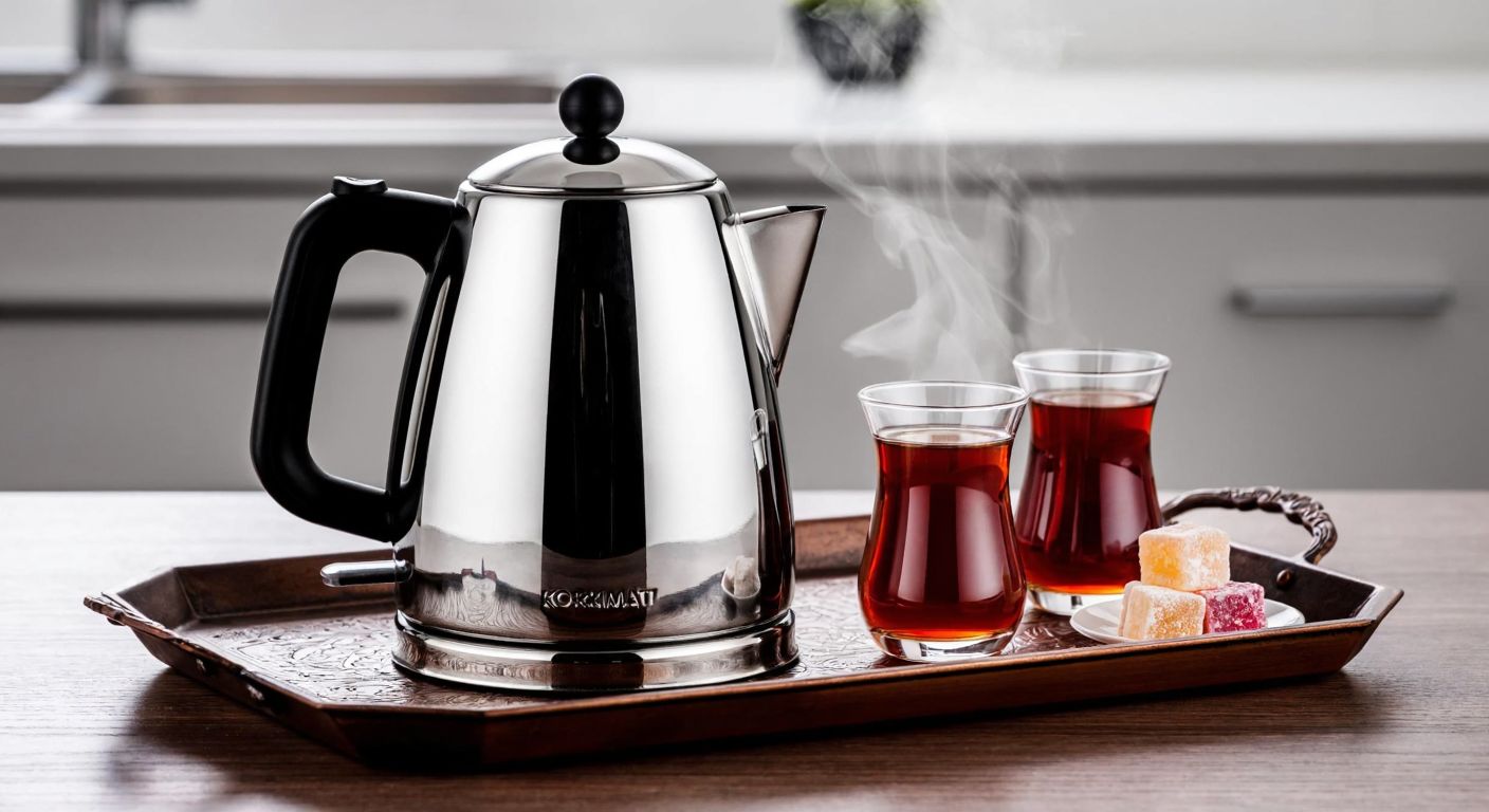 A shiny chrome Korkmaz electric kettle sits on a traditional Turkish tea tray, steam rising from its spout amidst small tulip-shaped tea glasses and a plate of Turkish delight.