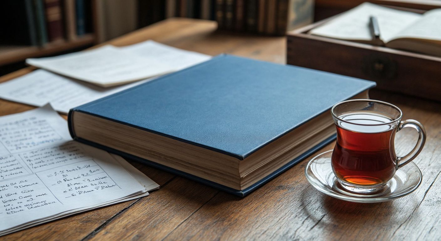 A thick, well-worn Turkish mathematics textbook with a blue cover lies open on a wooden desk, surrounded by scattered papers filled with handwritten equations and a steaming cup of çay in a tulip-shaped glass.