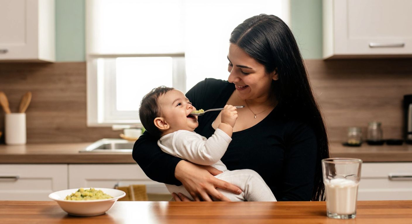 A young Turkish mother in a cozy home kitchen gently spoon-feeds her smiling baby while simultaneously cradling and breastfeeding, with a small bowl of mashed vegetables and a glass of ayran on the wooden table nearby.