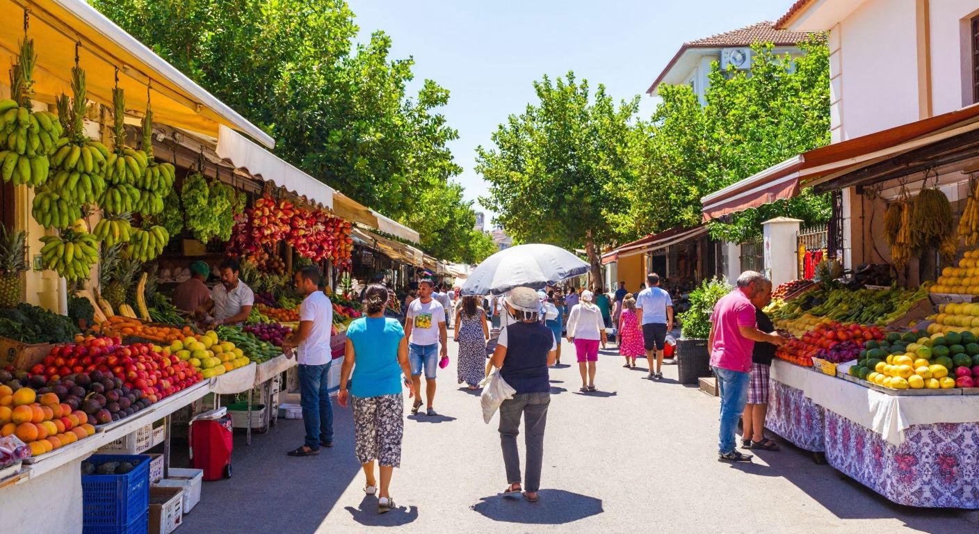 A bustling street in Antalya with vibrant fruit and vegetable stalls under a bright sun, surrounded by locals in casual summer attire shopping for fresh produce.