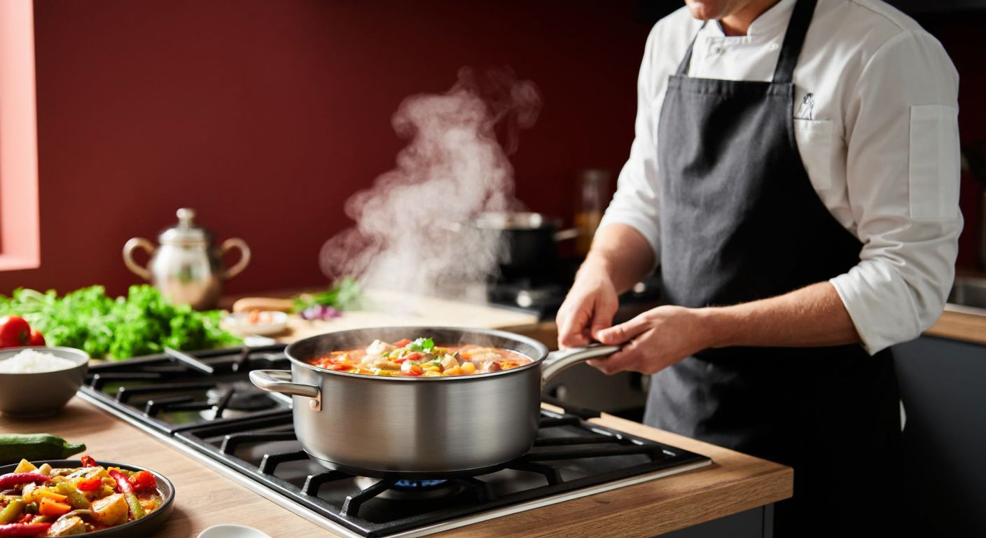 A gleaming titanium and ceramic IngeniO pot sits on a modern stove, steam rising from a vibrant Turkish vegetable stew inside, with a smiling chef in a cozy kitchen checking its readiness.