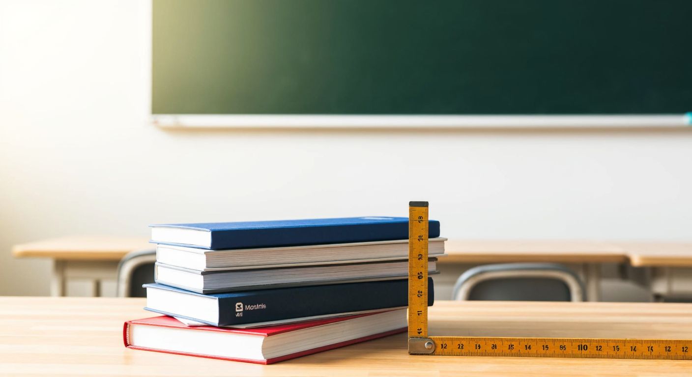 A neatly stacked pile of Turkish middle school textbooks with a ruler measuring their thickness, set on a wooden desk in a sunlit classroom with a blackboard in the background.
