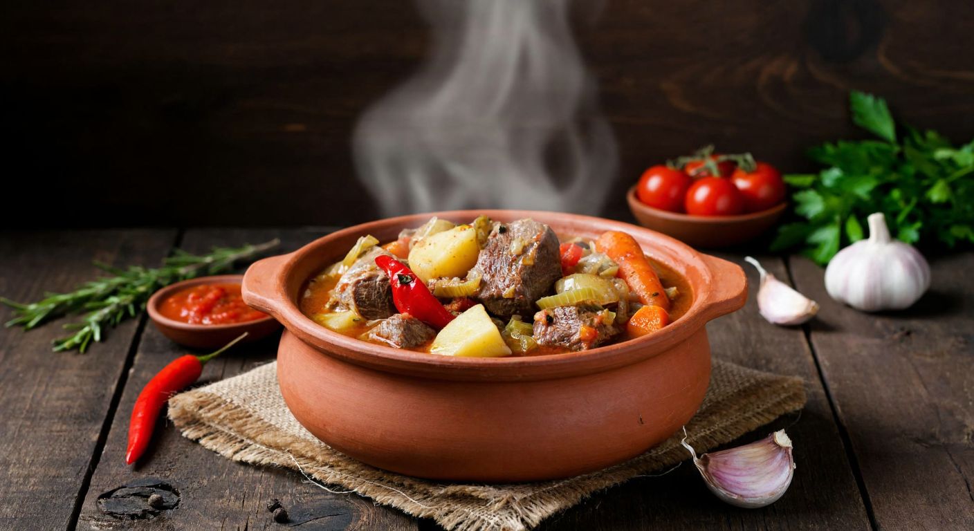A steaming clay pot of tender lamb neck stew with vibrant chunks of carrots, potatoes, celery, red peppers, and onions, resting on a rustic wooden table in a Turkish kitchen, surrounded by fresh garlic and tomato sauce.