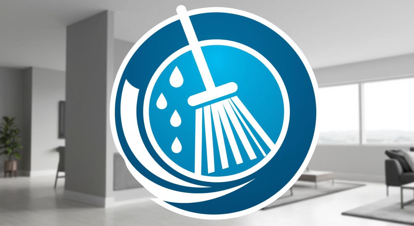 A bright blue and white emblem featuring a stylized broom and water droplets, evoking cleanliness and freshness, set against a simple, modern background.