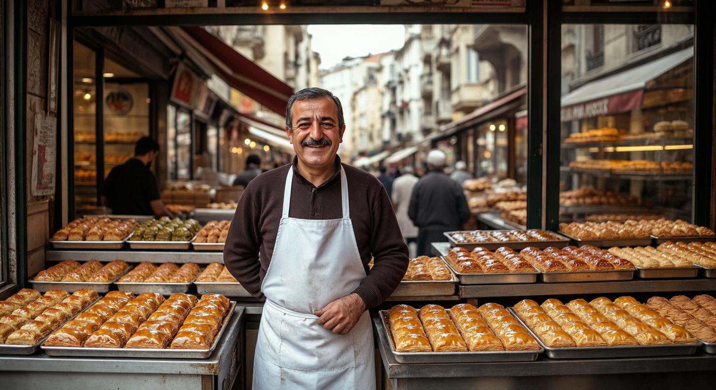 A smiling, middle-aged Turkish man with a white apron stands proudly in a bustling bakery, surrounded by golden trays of freshly baked baklava, with the historic streets of Karaköy visible through the window.