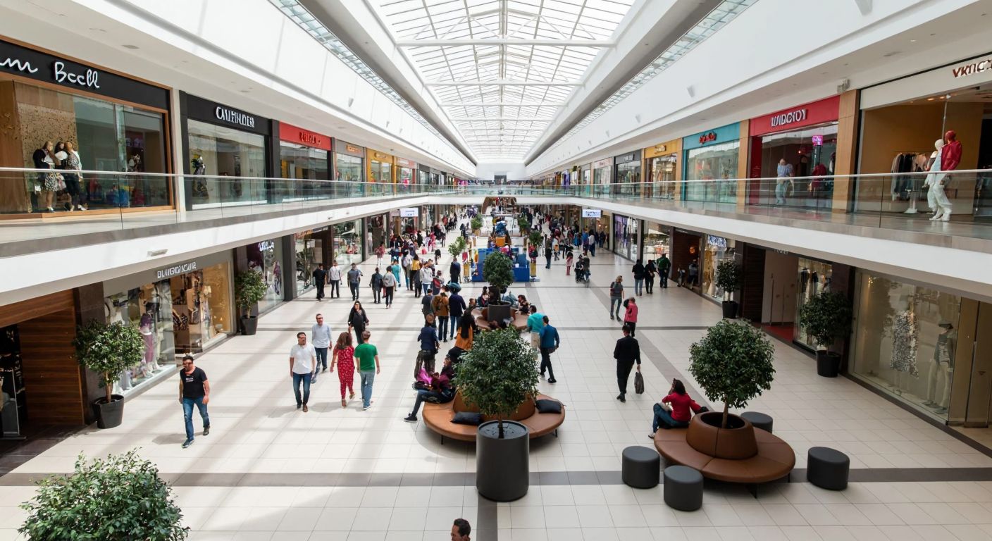 A bustling shopping mall in Afyonkarahisar with a wide, sunlit atrium filled with shoppers browsing through numerous storefronts, surrounded by potted plants and modern seating areas.