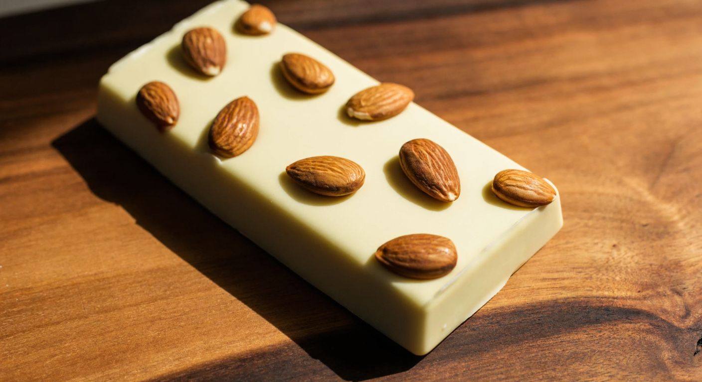 A close-up of a smooth, creamy white chocolate bar with whole almonds embedded in its surface, resting on a rustic wooden table with a warm, golden light casting soft shadows.